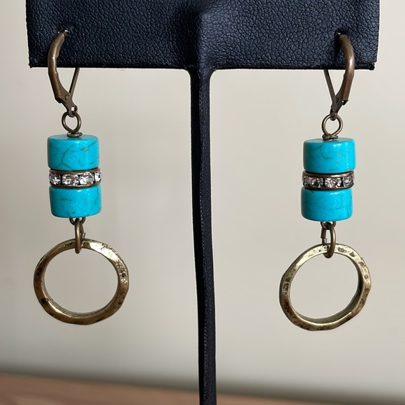 HANDCRAFTED HOOP EARRINGS Antiqued Brass  Crystal Rondelles  Turquoise - Picture 6 of 12